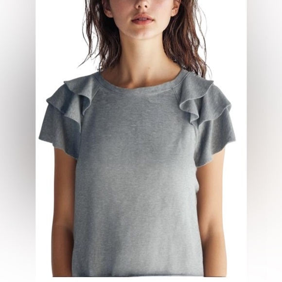 English Factory | Ruffled Shoulder Mixed Media Gray Tee Size Small - Picture 1 of 6
